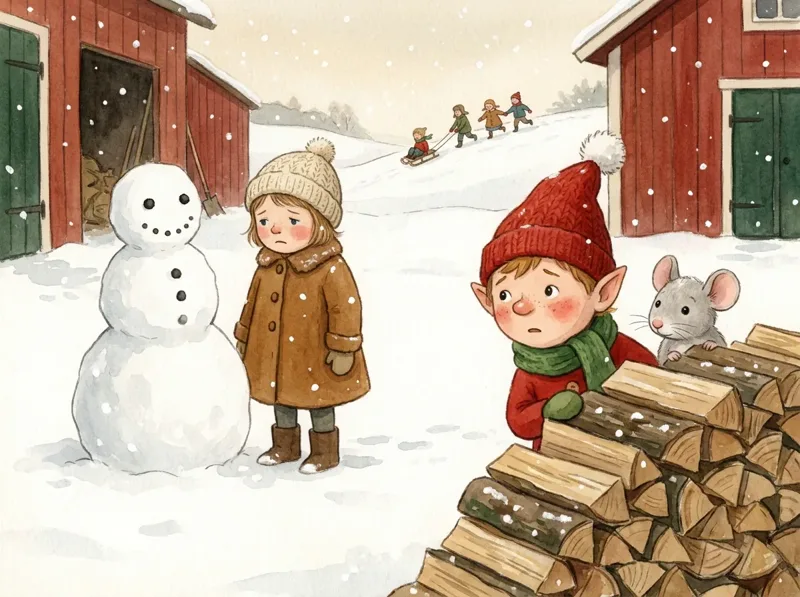 Albert och Pim vid vedhögen med Lina och en snögubbe på gården