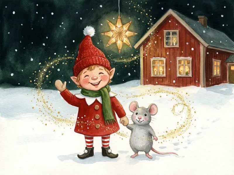 Albert och Pim vinkar i snön framför det röda huset på julafton