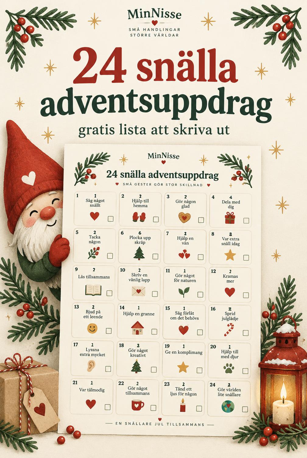 Delningsbild för Pinterest: 24 snälla adventsuppdrag – gratis lista att skriva ut